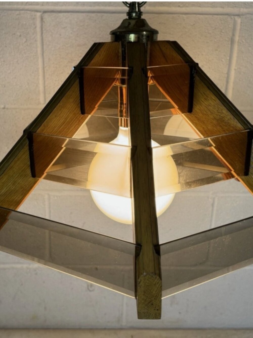 NEW! NOS Vintage Oak & Smoked Glass Pendant Light 1970s Geometric MCM Swag Lamp